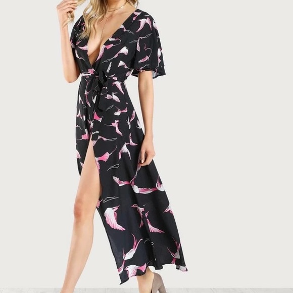 SHEIN Dresses & Skirts - Flutter Sleeve Bird Print Wrap Dress
